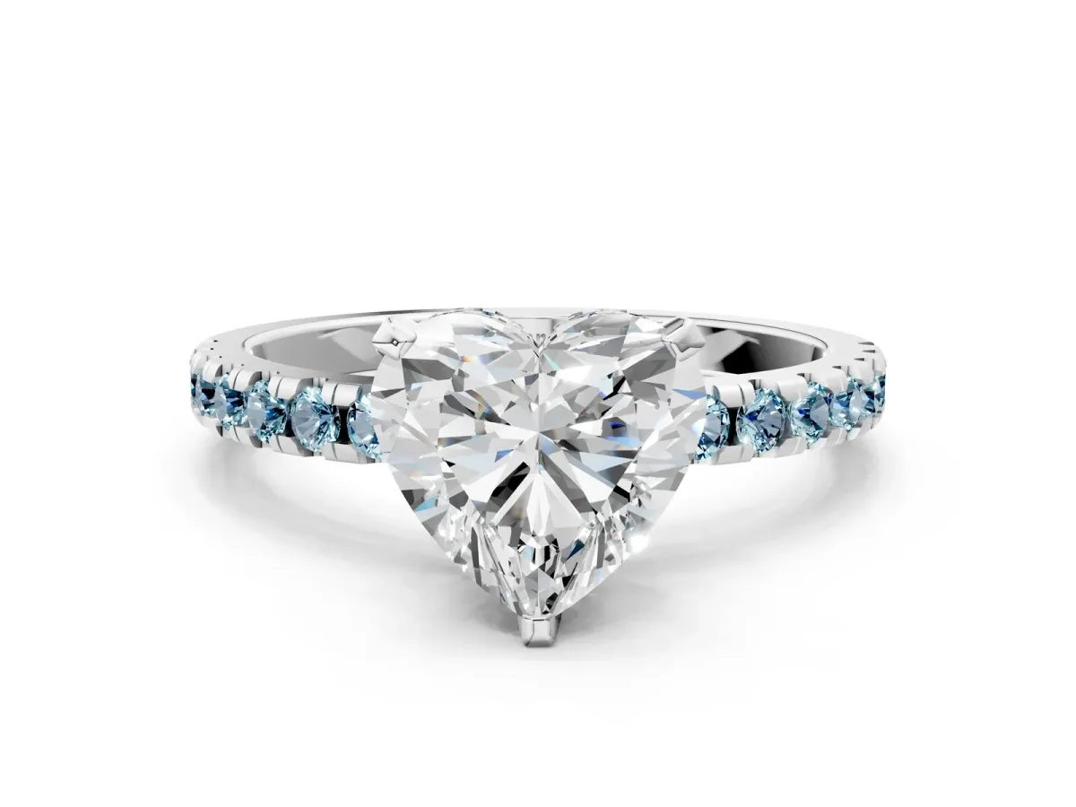 Heart Cut Diamond Solitaire Ring with Round Aquamarine Pavé Band and Four-Prong Setting Platinum