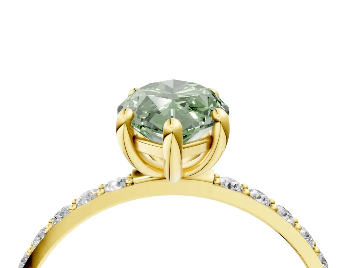 Fancy Green Marquise Cut Diamond Solitaire Ring with Round Pavé Band and Prong Setting Yellow gold