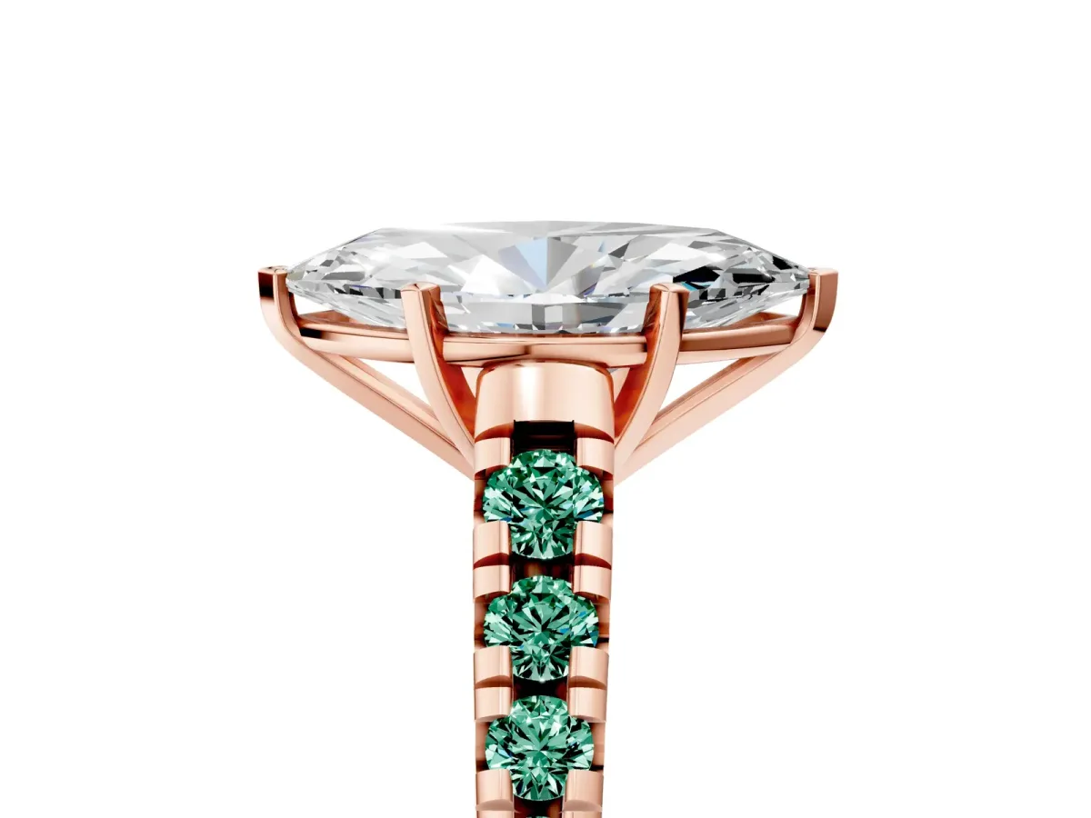 Marquise Cut Diamond Cathedral Solitaire Ring with Round Green Sapphire Pavé Band Rose gold