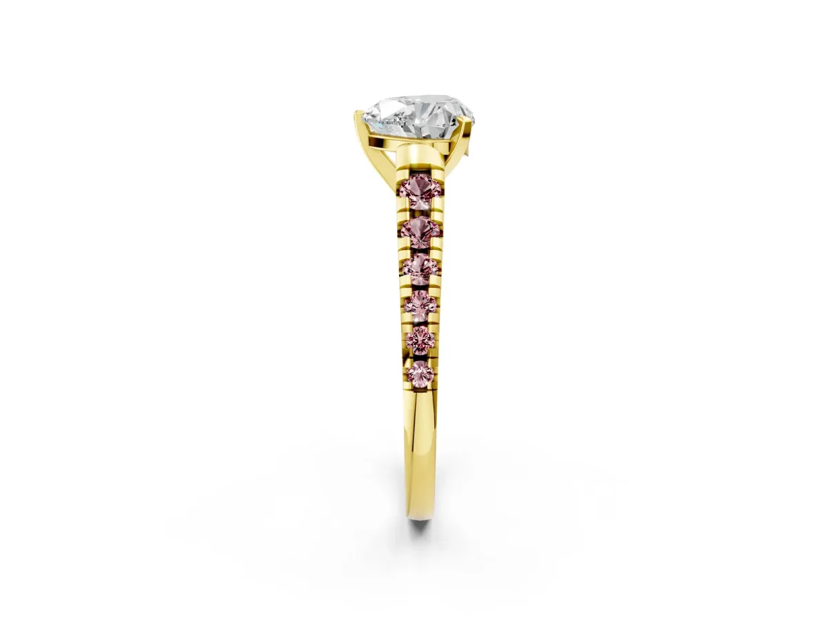 Heart Cut Diamond Cathedral Solitaire Ring with Round Morganite Pavé Band Yellow gold