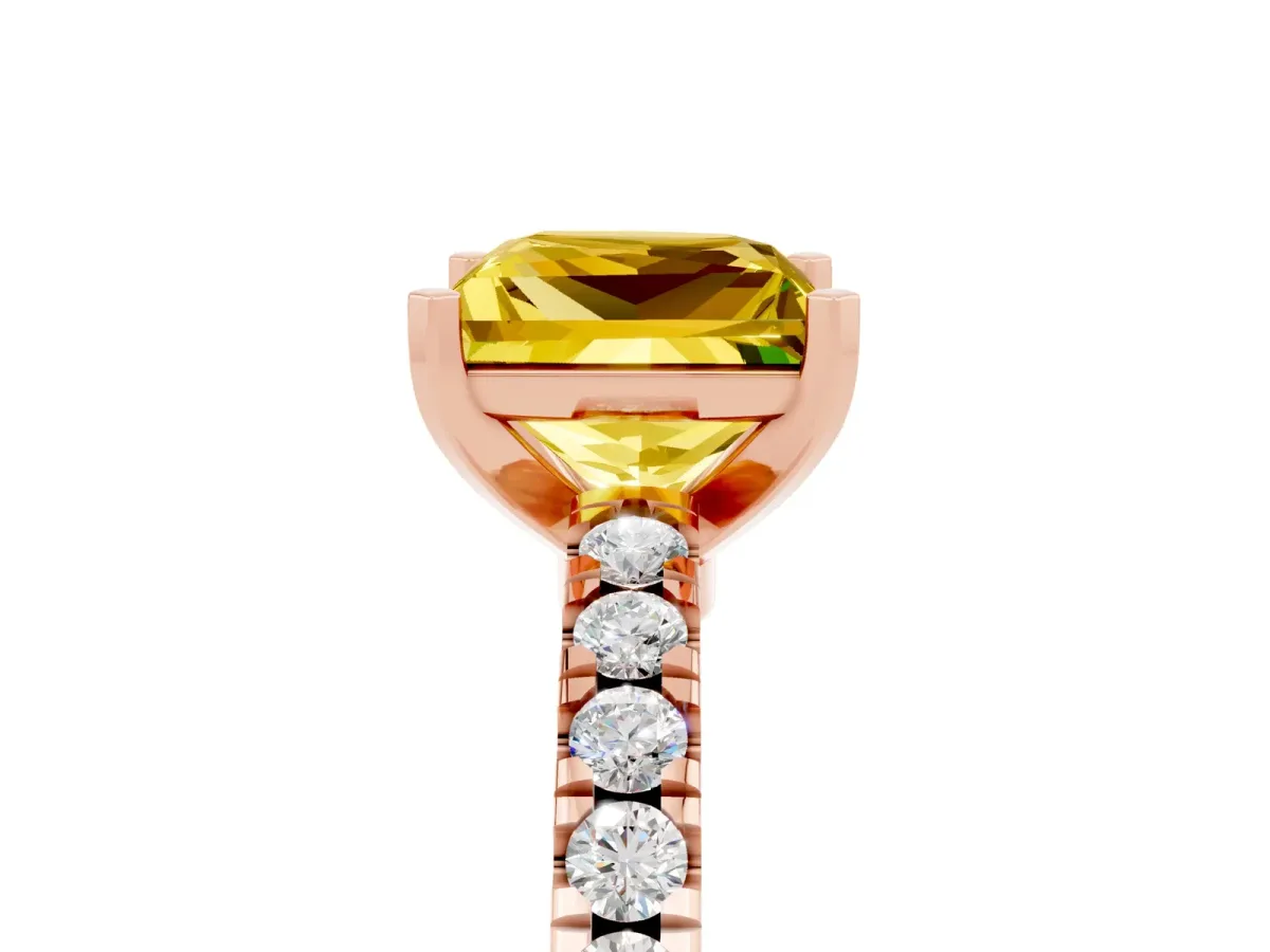 Princess Cut Solitaire Yellow Sapphire with Pavé Band and Four-Prong Setting Rose gold