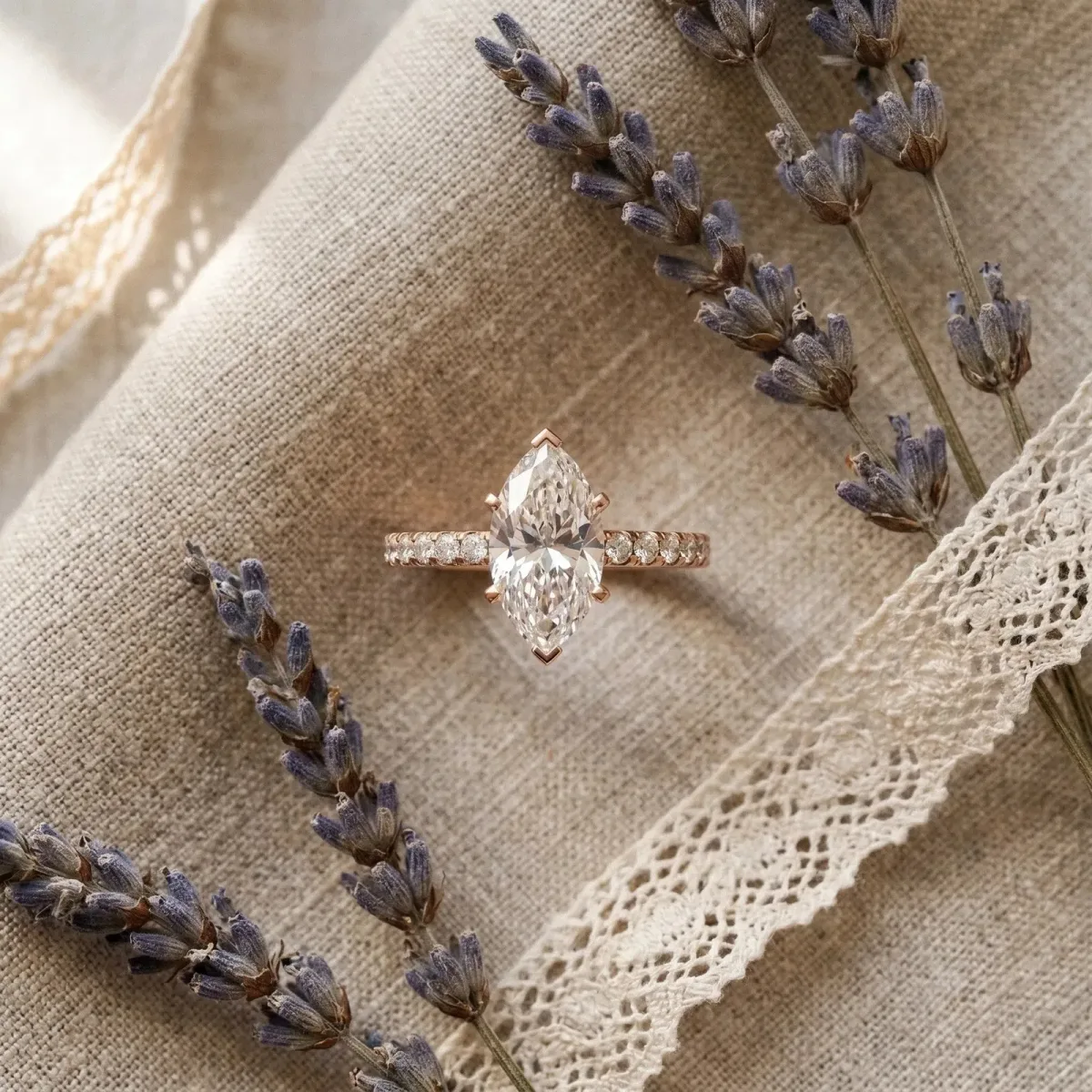 Marquise Cut Moissanite Solitaire Ring with Round Pavé Band and Four-Prong Setting Rose gold