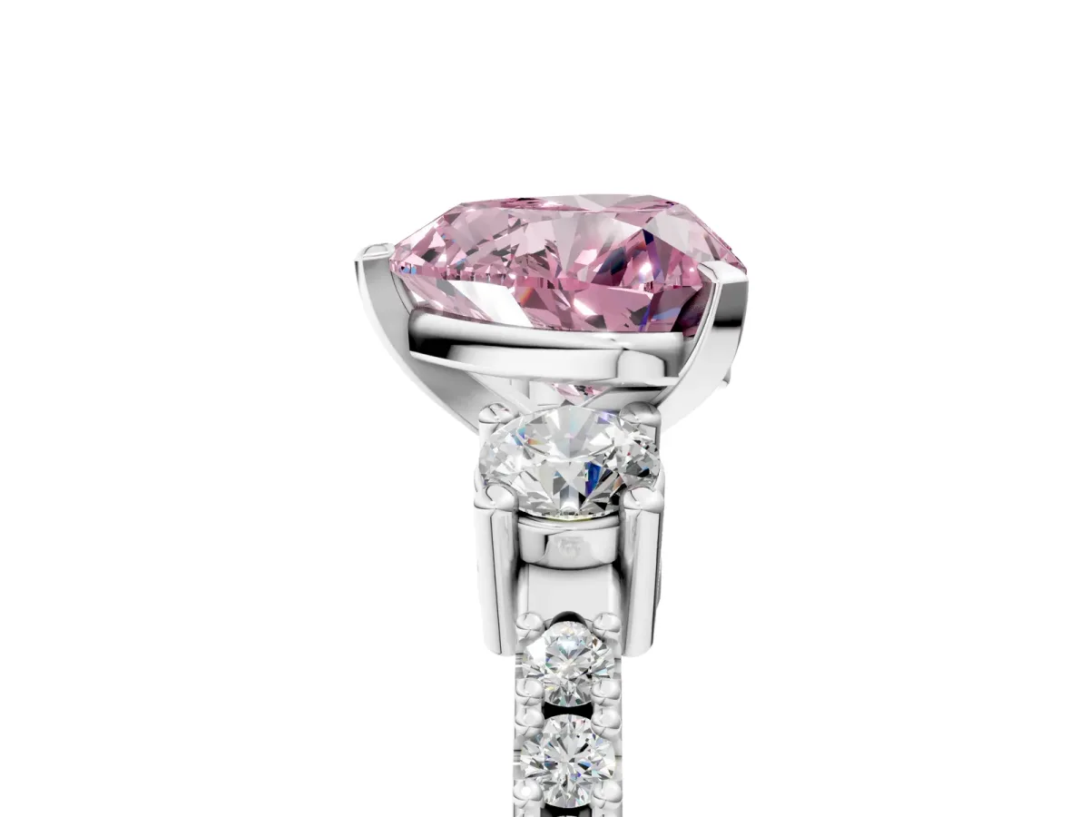 Fancy Pink Heart Cut Cut Three-Stone Diamond Pavé Band with Prong Setting Platinum
