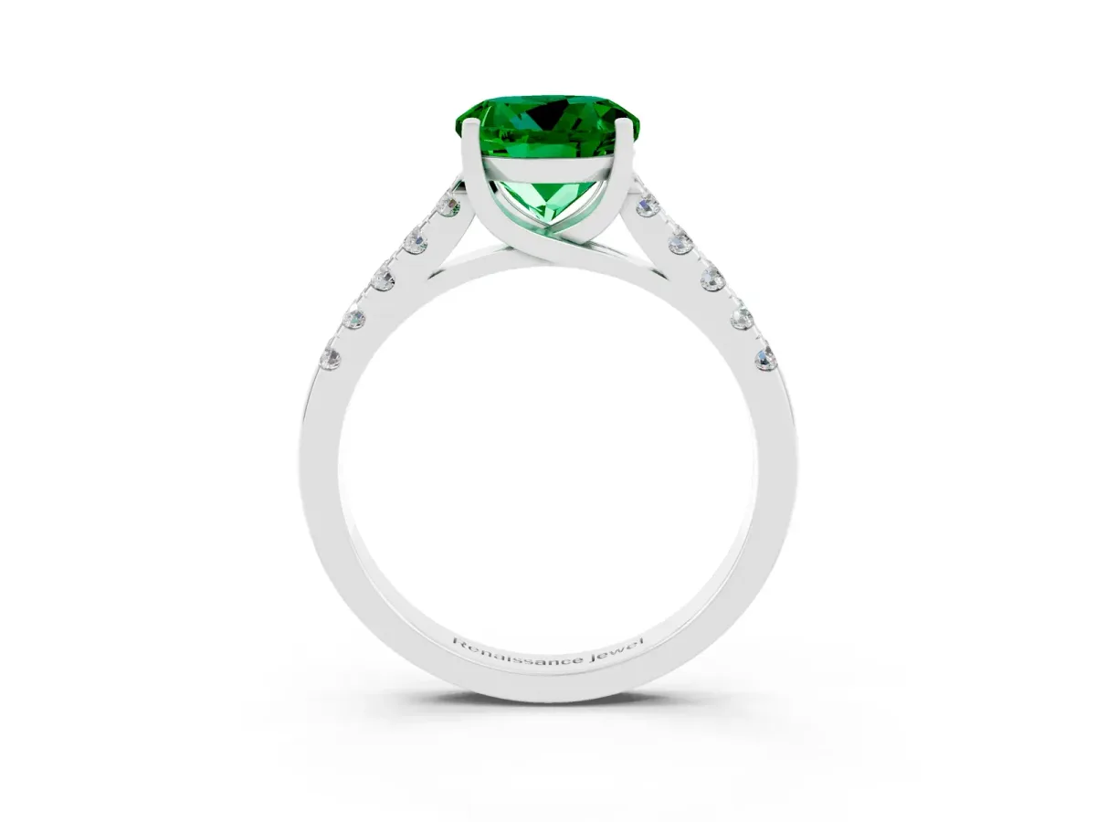 Round Cut Emerald Pavé Band Solitaire Ring with Prong Setting White gold