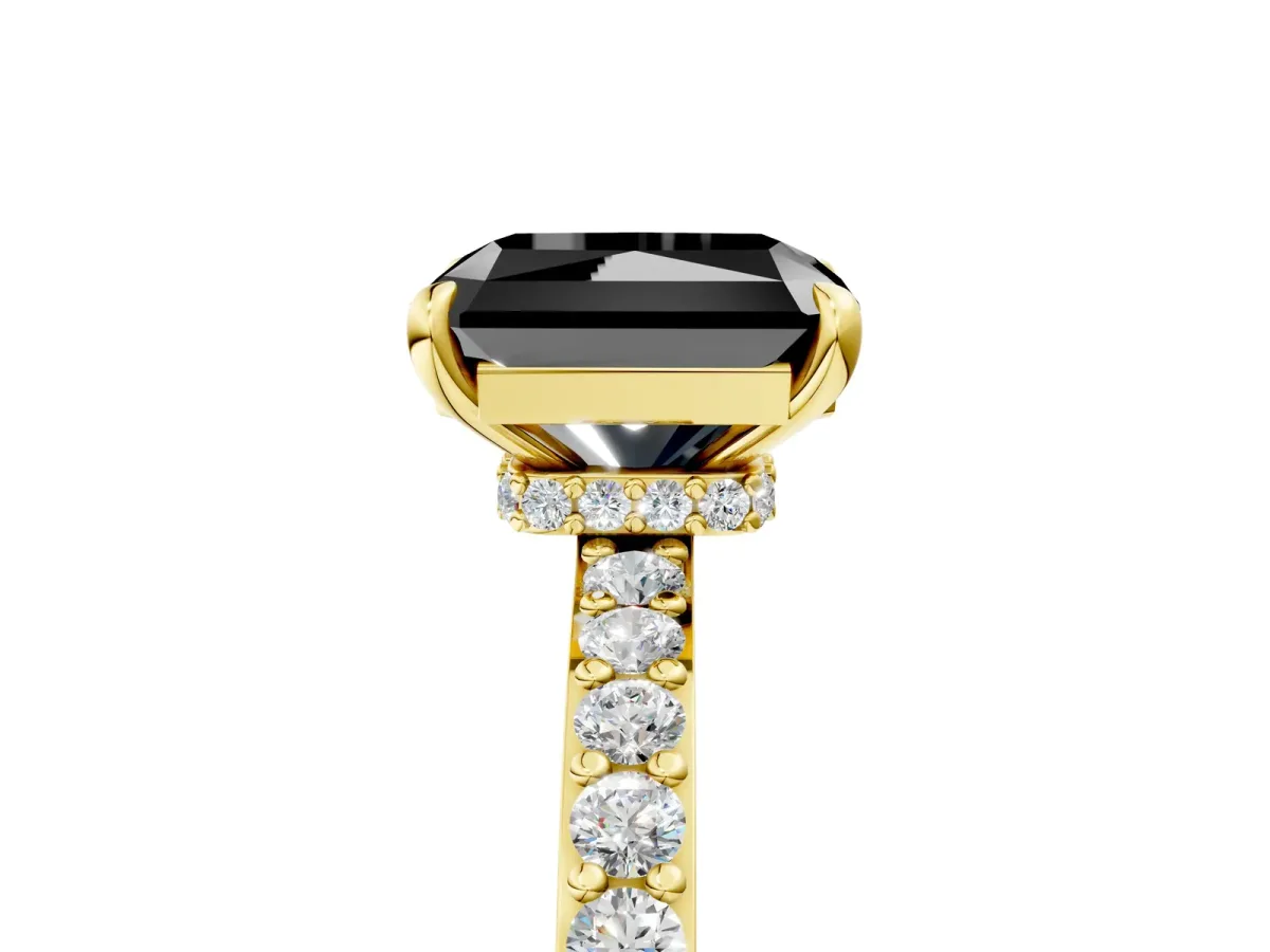 Fancy Black Radiant Cut Diamond Solitaire Engagement Ring with Pavé Band and Four-Prong Setting Yellow gold