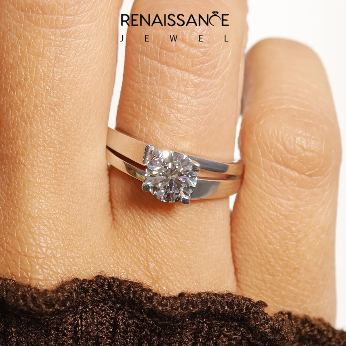 Modern Tension Set Round Cut Diamond Solitaire Wide Band Ring Silver