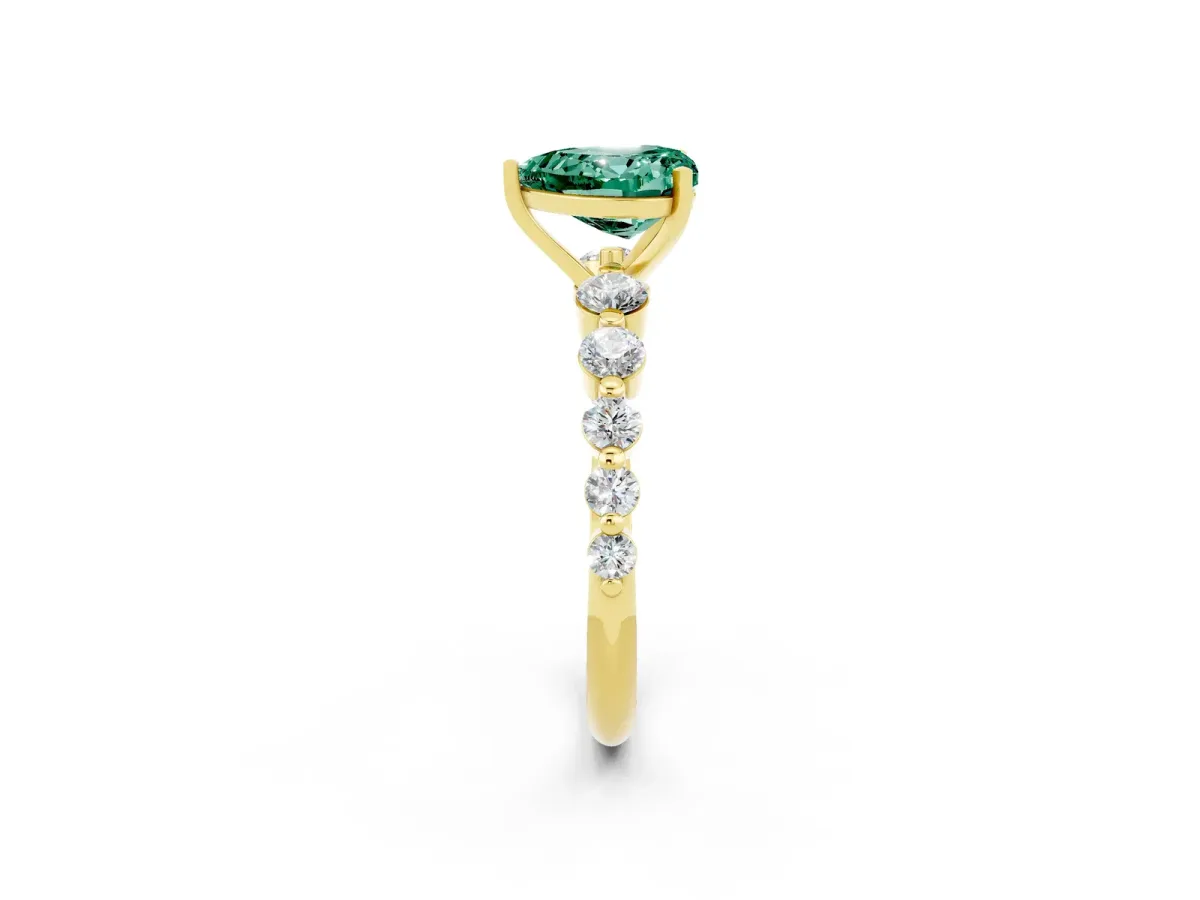 Heart Cut Solitaire Green Sapphire Ring with Pave Band and Four-Prong Setting Yellow gold