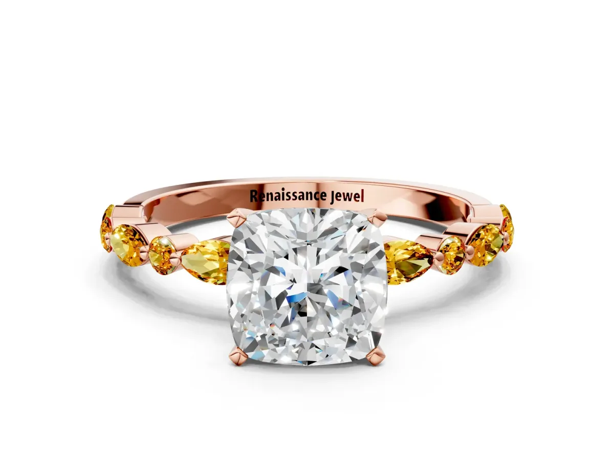 Cushion Cut Diamond Ring with Marquise and Round Citrine Side Stones and Four-Prong Setting Rose gold