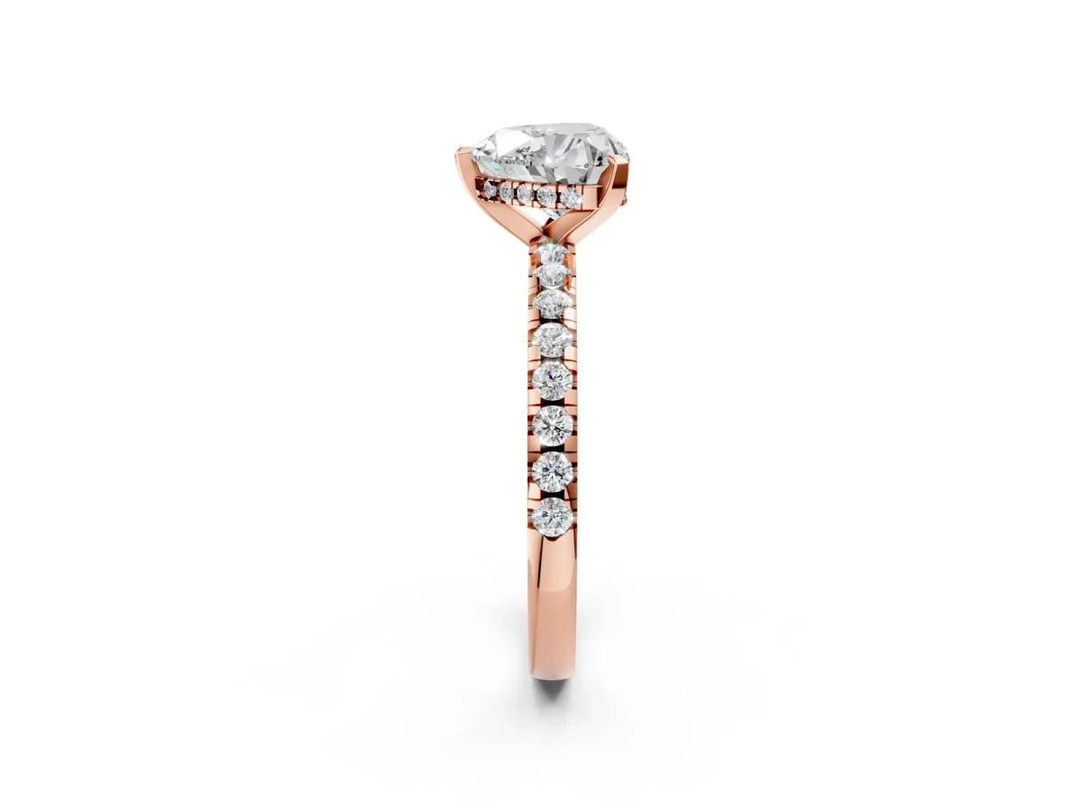 Heart Cut Diamond Solitaire Ring with Round Moissanite Pavé Band and Four-Prong Setting Rose gold