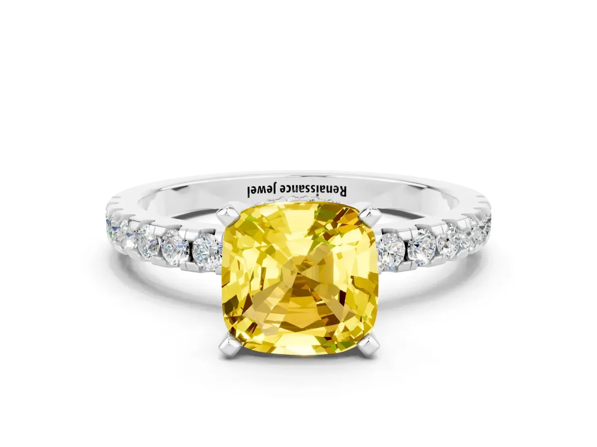 Cushion Cut Yellow Sapphire Solitaire Ring with Round Pavé Band and Four-Prong Setting White gold