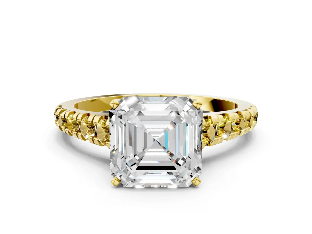 Asscher Cut Diamond Cathedral Solitaire Ring with Round Yellow Sapphire Pavé Band Yellow gold