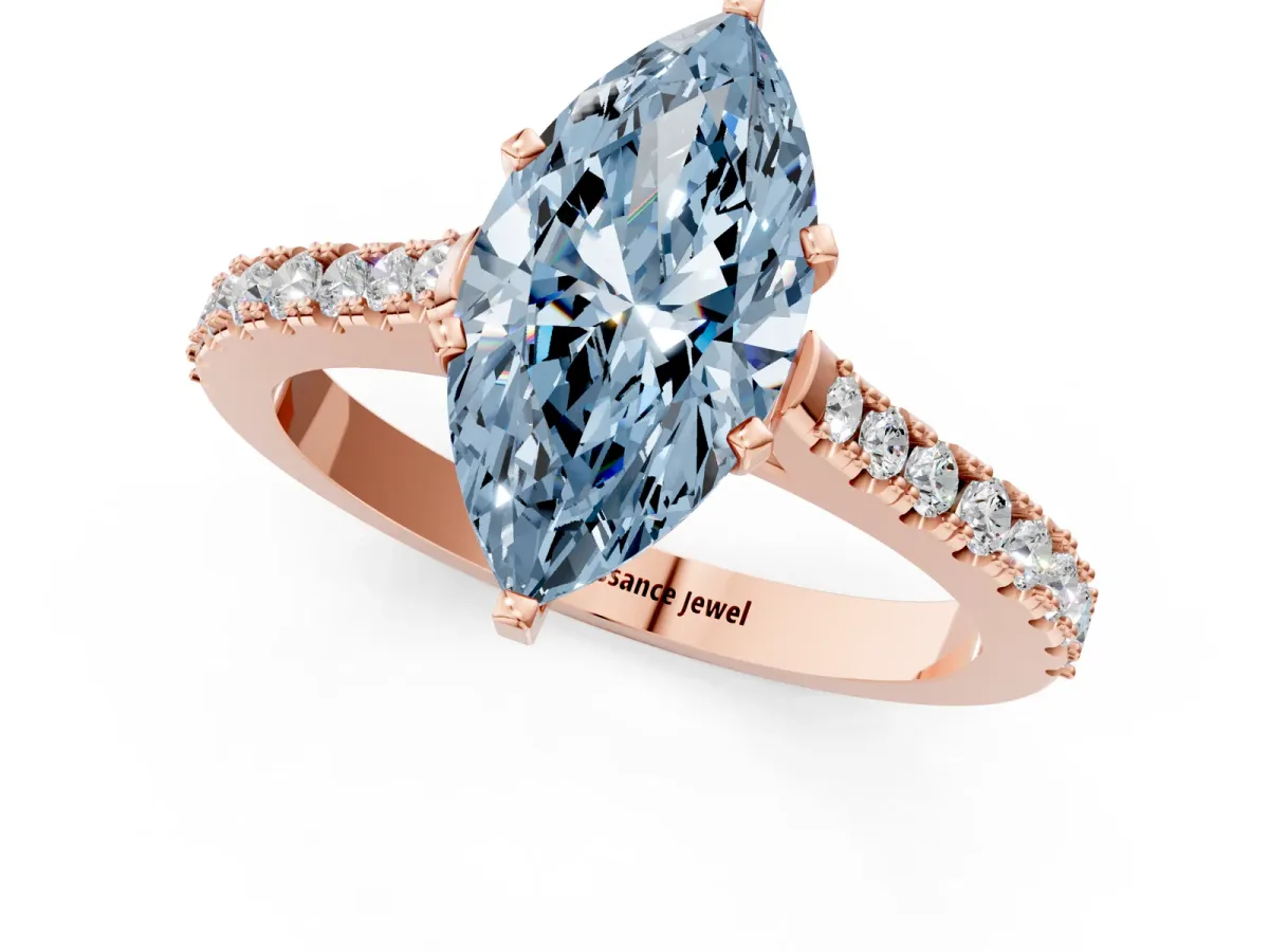 Fancy Blue Marquise Cut Cut Solitaire Diamond Engagement Ring with Pave Band and Four-Prong Setting Rose gold
