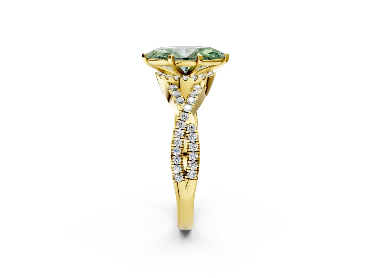 Fancy Green Marquise Cut Diamond Halo Twist Band Solitaire Prong Setting Ring Yellow gold