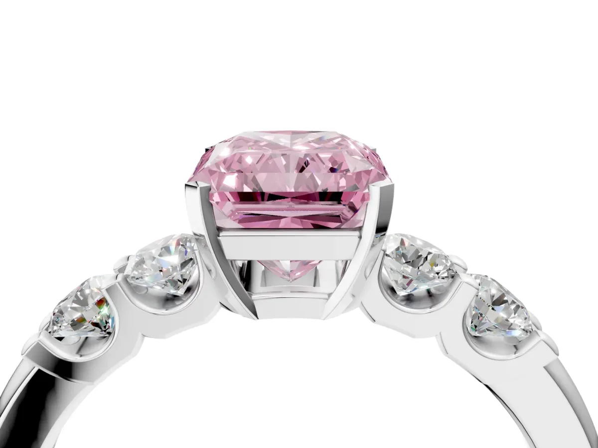 Fancy Pink Radiant Cut Brilliant Cut Diamond Five-Stone Prong Set Engagement Ring with Channel Band Platinum