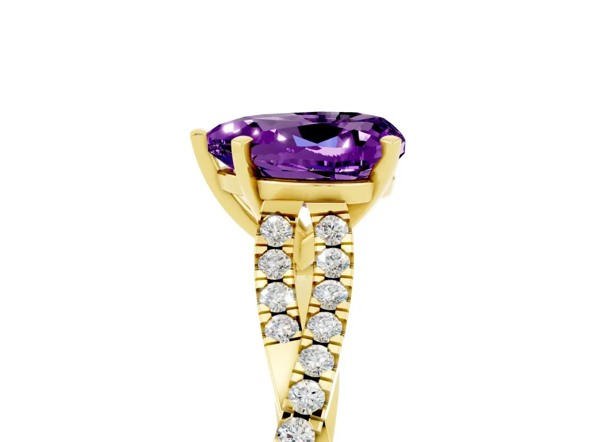 Heart Cut Amethyst Solitaire Engagement Ring with Twisted Pavé Band and Four-Prong Setting Yellow gold