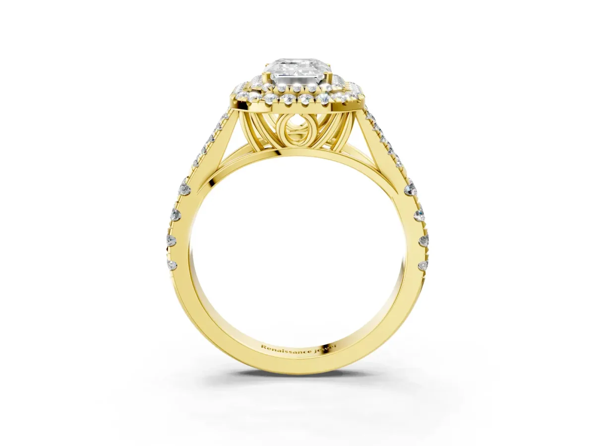Double Halo Emerald Cut Diamond Split Shank Engagement Ring with Four-Prong Setting Yellow gold