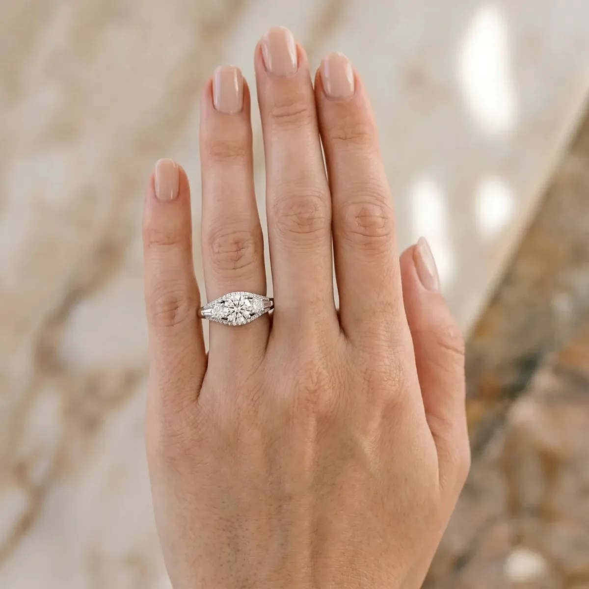 Three-Stone Radiant Cut Diamond Engagement Ring with Pave Band and Prong Setting Platinum