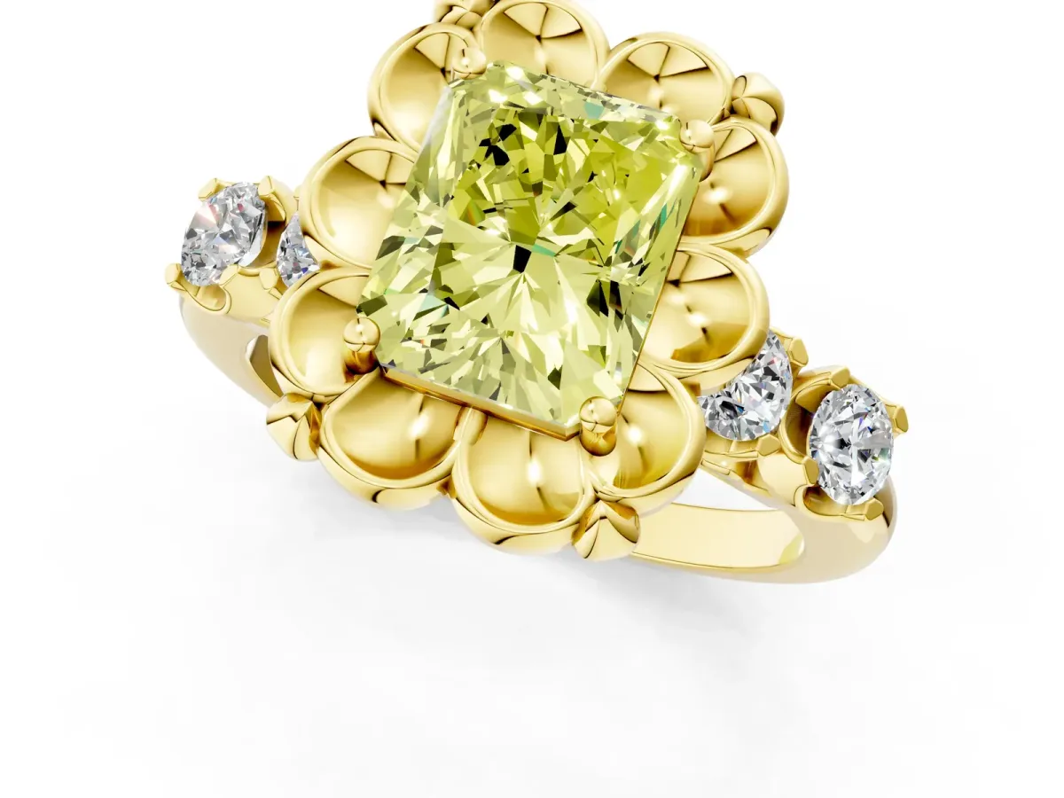 Fancy Yellow Radiant Cut Cut Diamond Floral Halo Engagement Ring with Shared Prong Setting Yellow gold