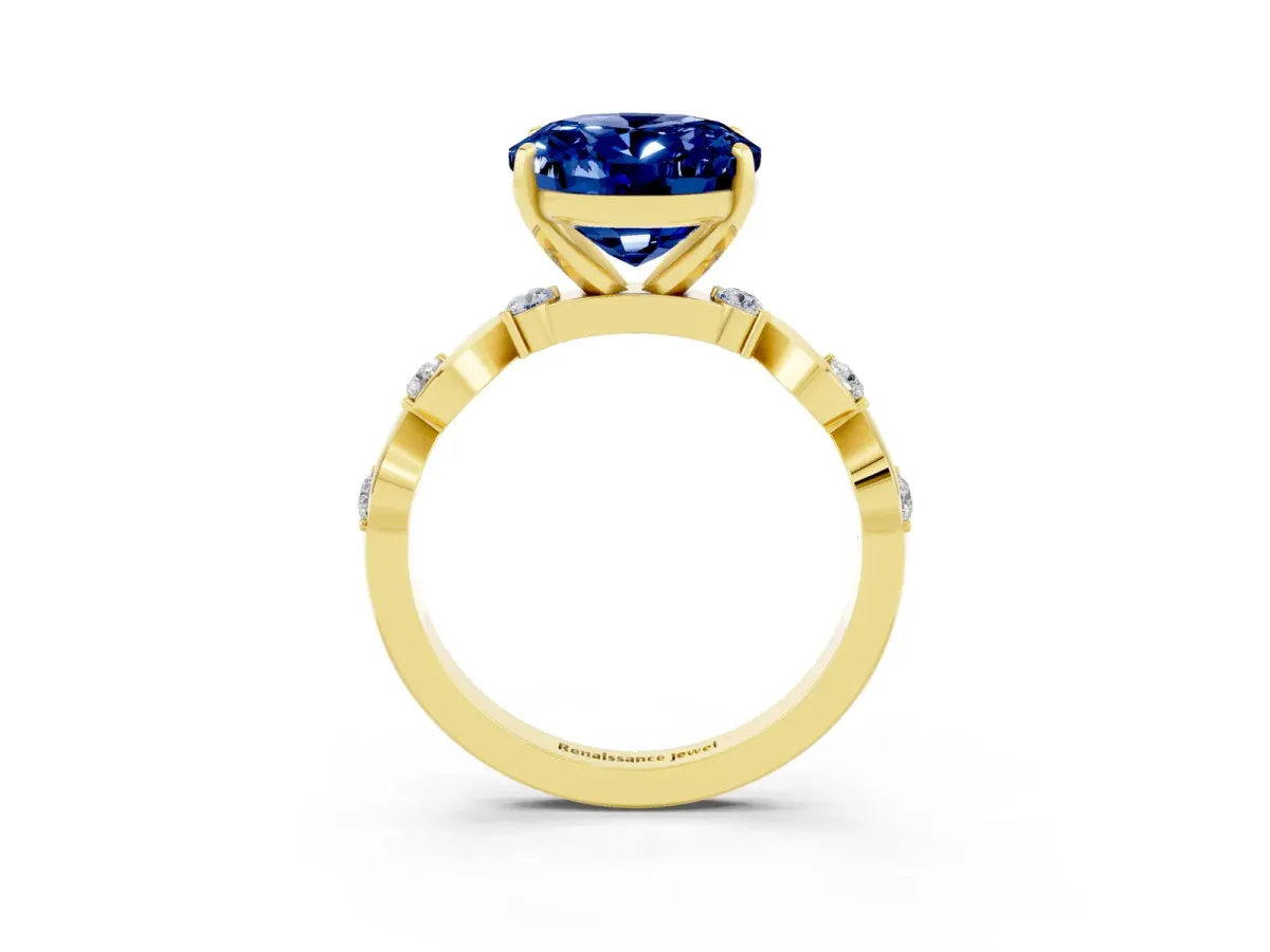 Oval Cut Blue Sapphire Solitaire Twisted Band with Round Accents and Prong Setting Yellow gold