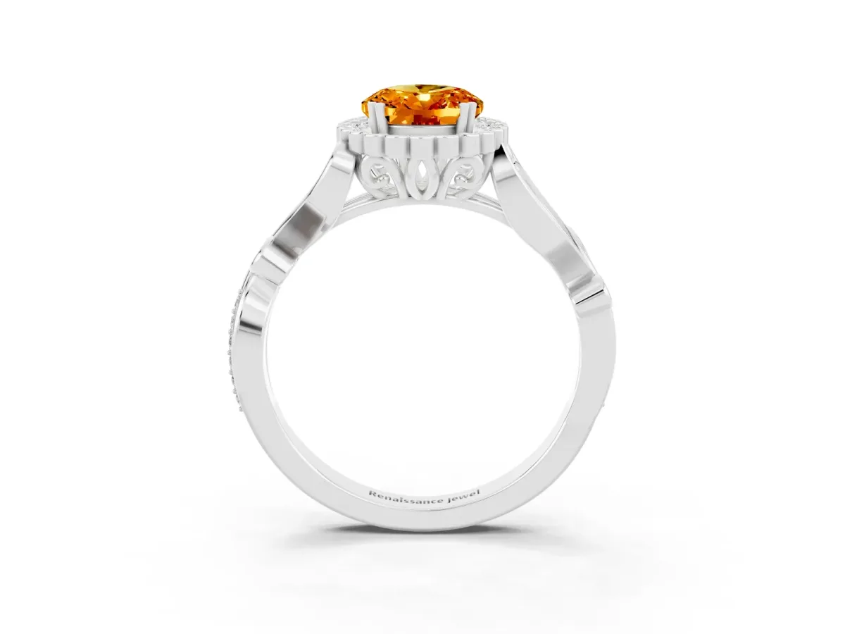 Oval Cut Citrine Halo Ring with Vintage Split Shank and Four-Prong Setting Silver