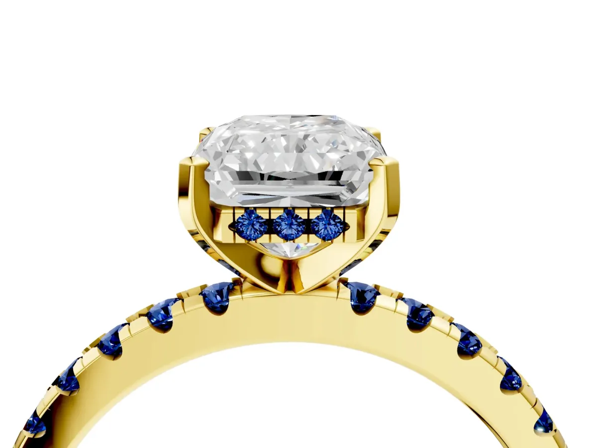 Radiant Cut Diamond Solitaire Ring with Round Blue Sapphire Pavé Band and Four-Prong Setting Yellow gold