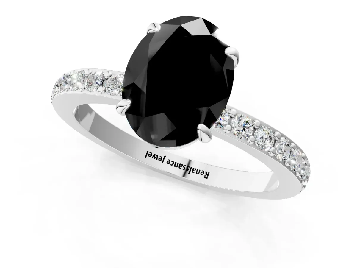 Fancy Black Oval Cut Diamond Solitaire Engagement Ring with Pavé Band and Four-Prong Setting Silver