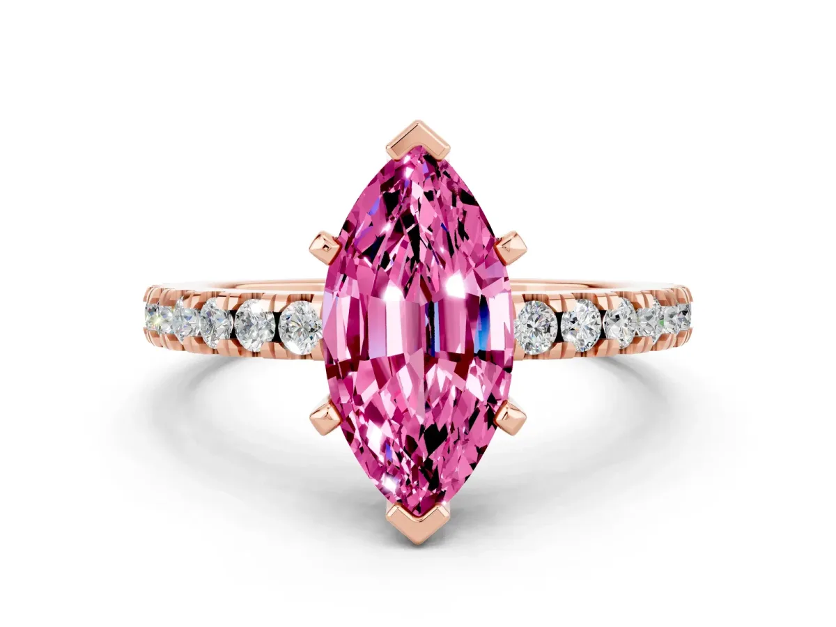 Marquise Cut Solitaire Pink Sapphire with Pavé Band and Four-Prong Setting Rose gold