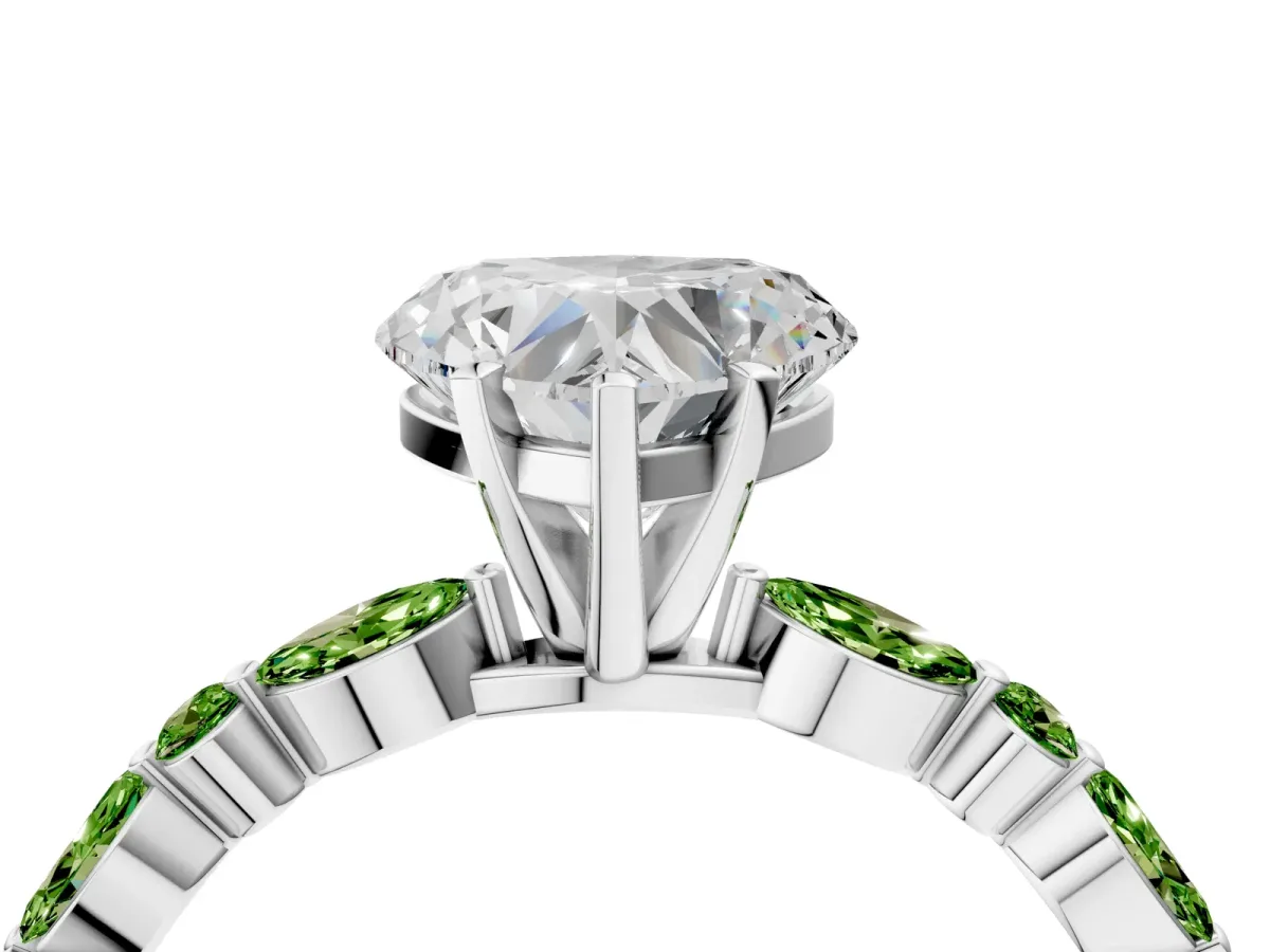 Heart Cut Diamond Ring with Marquise and Round Peridot Side Stones and Four-Prong Setting White gold