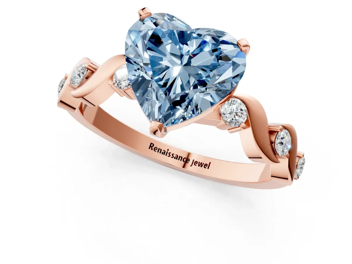 Fancy Blue Heart Cut Diamond Solitaire Twisted Band with Round Accents and Prong Setting Rose gold
