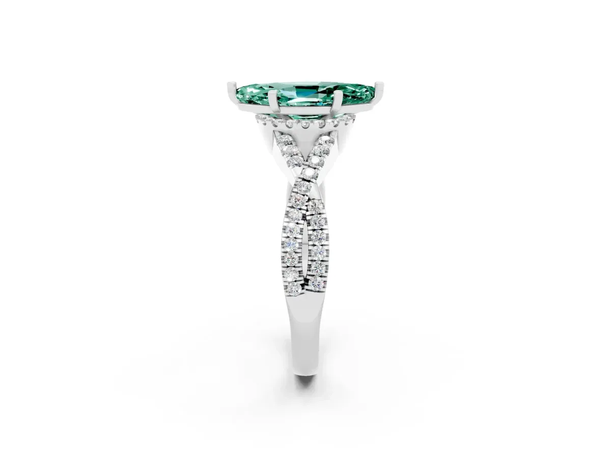 Marquise Cut Green Sapphire Halo Twist Band Solitaire Prong Setting Ring White gold