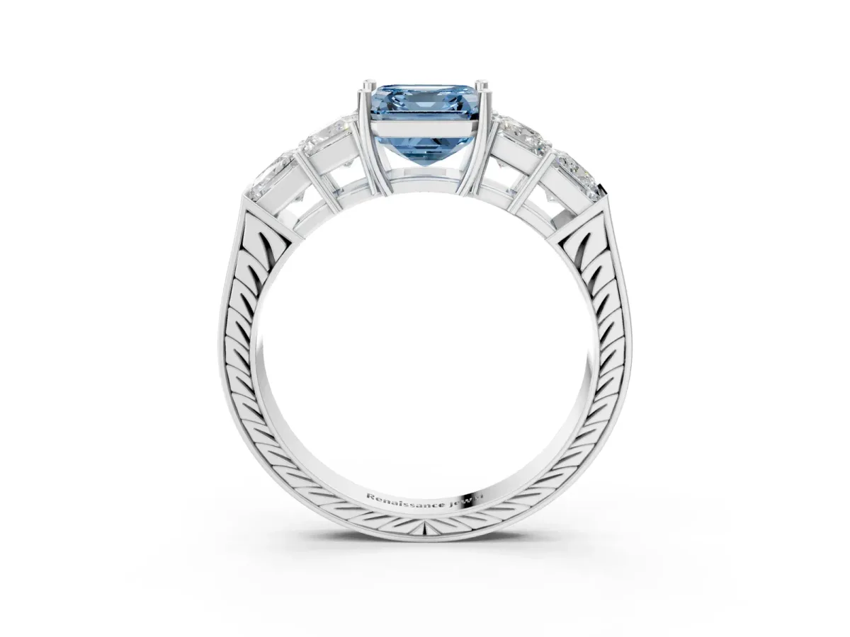 Fancy Blue Asscher Cut Solitaire Princess Side Stone Engraved Band Prong Setting Ring White gold