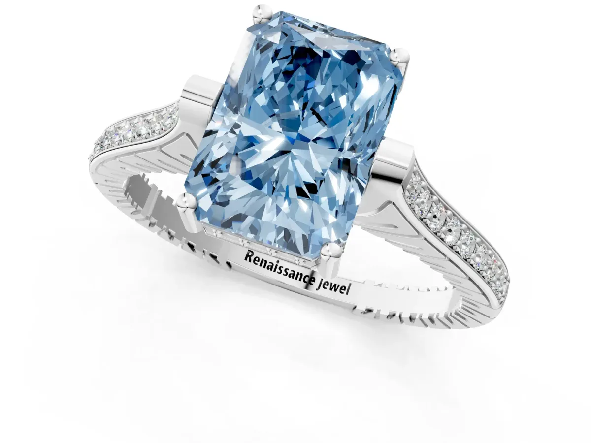 Fancy Blue Radiant Cut Solitaire Diamond Ring with Channel Set Band and Bezel Prong Setting Platinum
