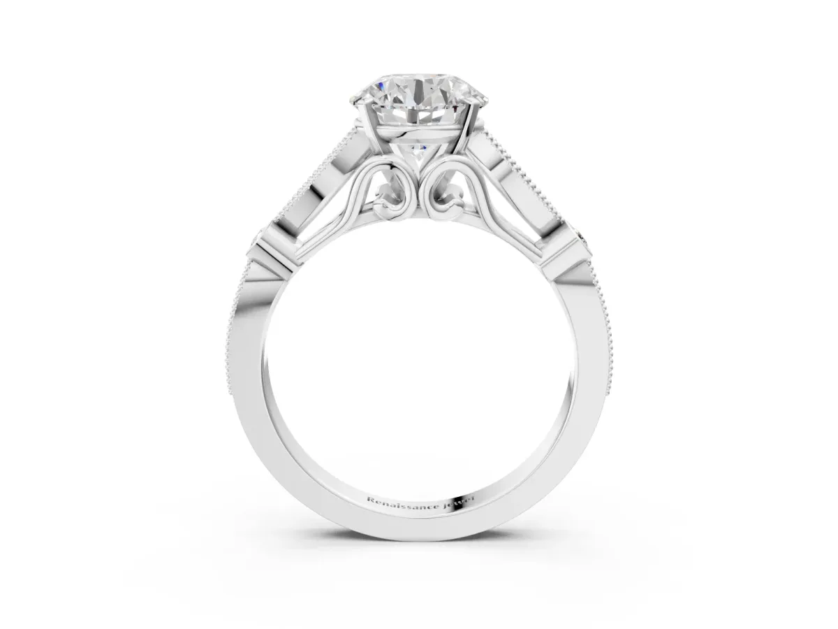Round Cut Cut Diamond with Milgrain Marquise and Bezel Accents on a Solitaire Band with Prong Setting Silver