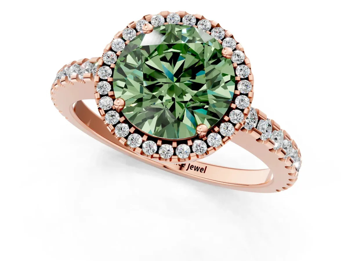 Fancy Green Round Cut Diamond Halo Engagement Ring with Pavé Band and Prong Setting Rose gold
