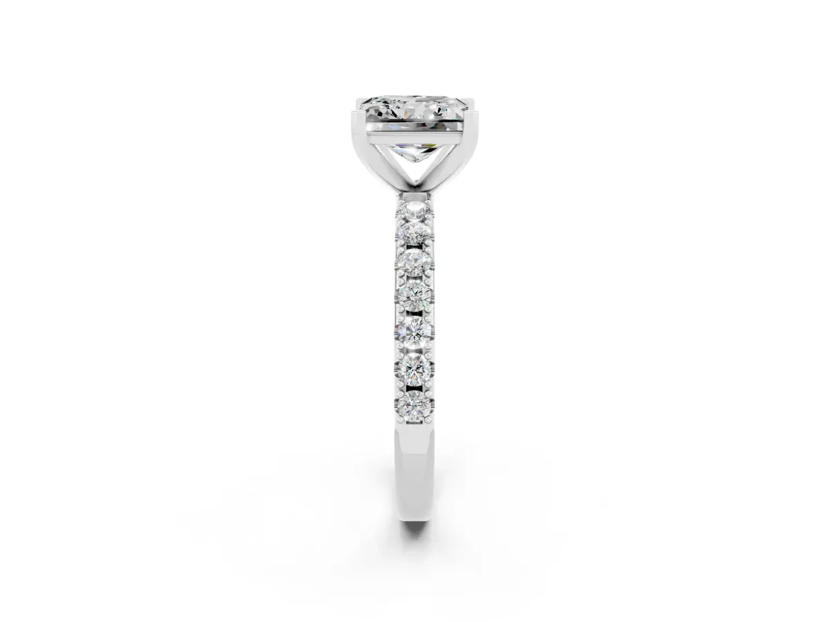 Princess Cut Moissanite Solitaire Pavé Band with Four-Prong Setting Silver