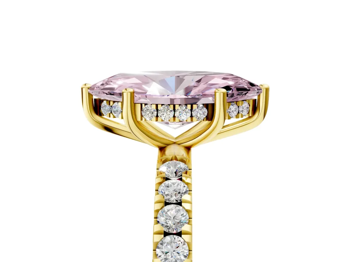 Fancy Pink Marquise Cut Diamond Pave Band Solitaire Ring with Round and Prong Setting Yellow gold