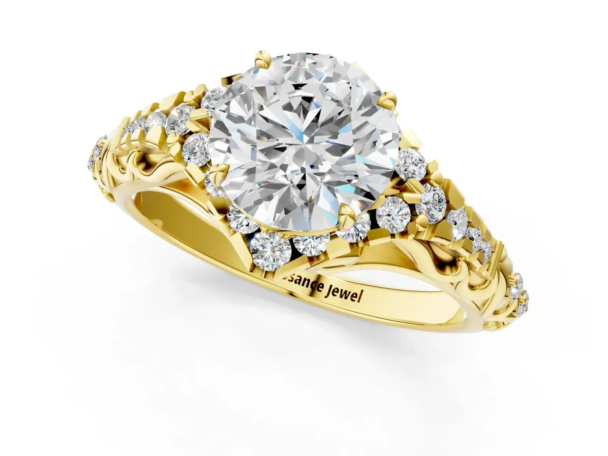 Round Cut Diamond Solitaire Ring with Hidden Halo and Pavé Band Yellow gold