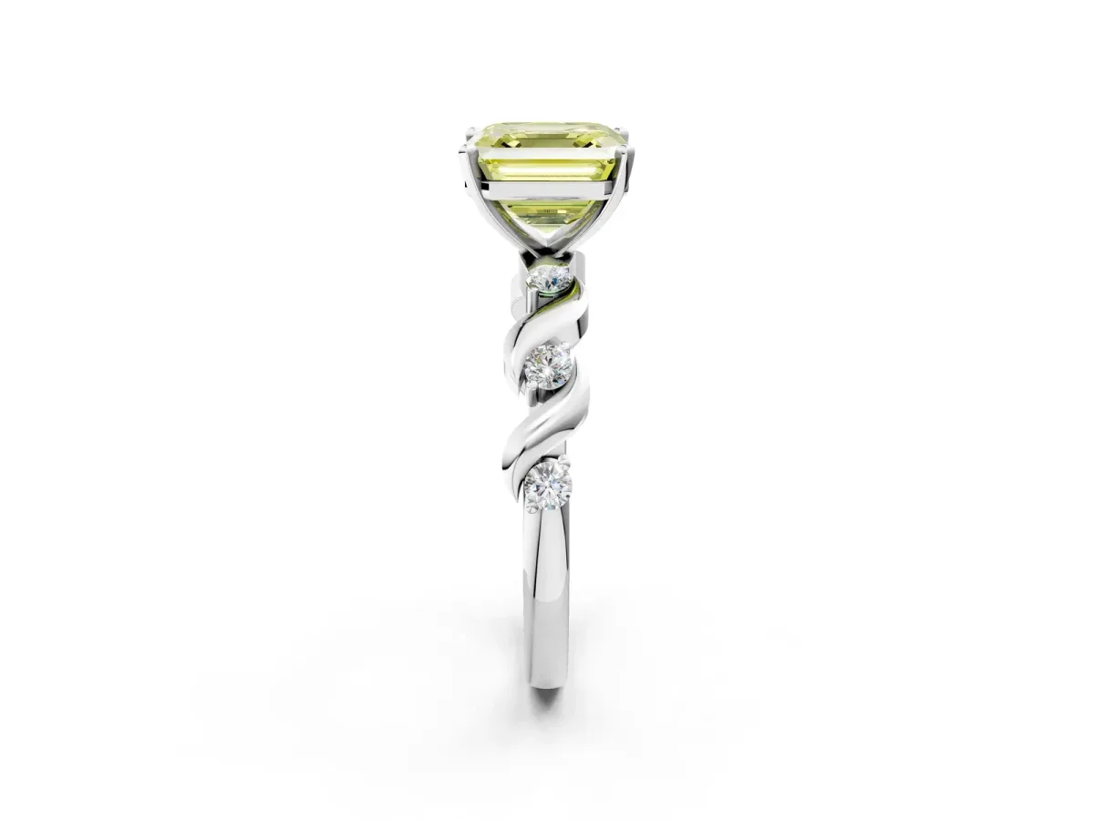 Fancy Yellow Asscher Cut Diamond Solitaire Twisted Band with Round Accents and Prong Setting White gold