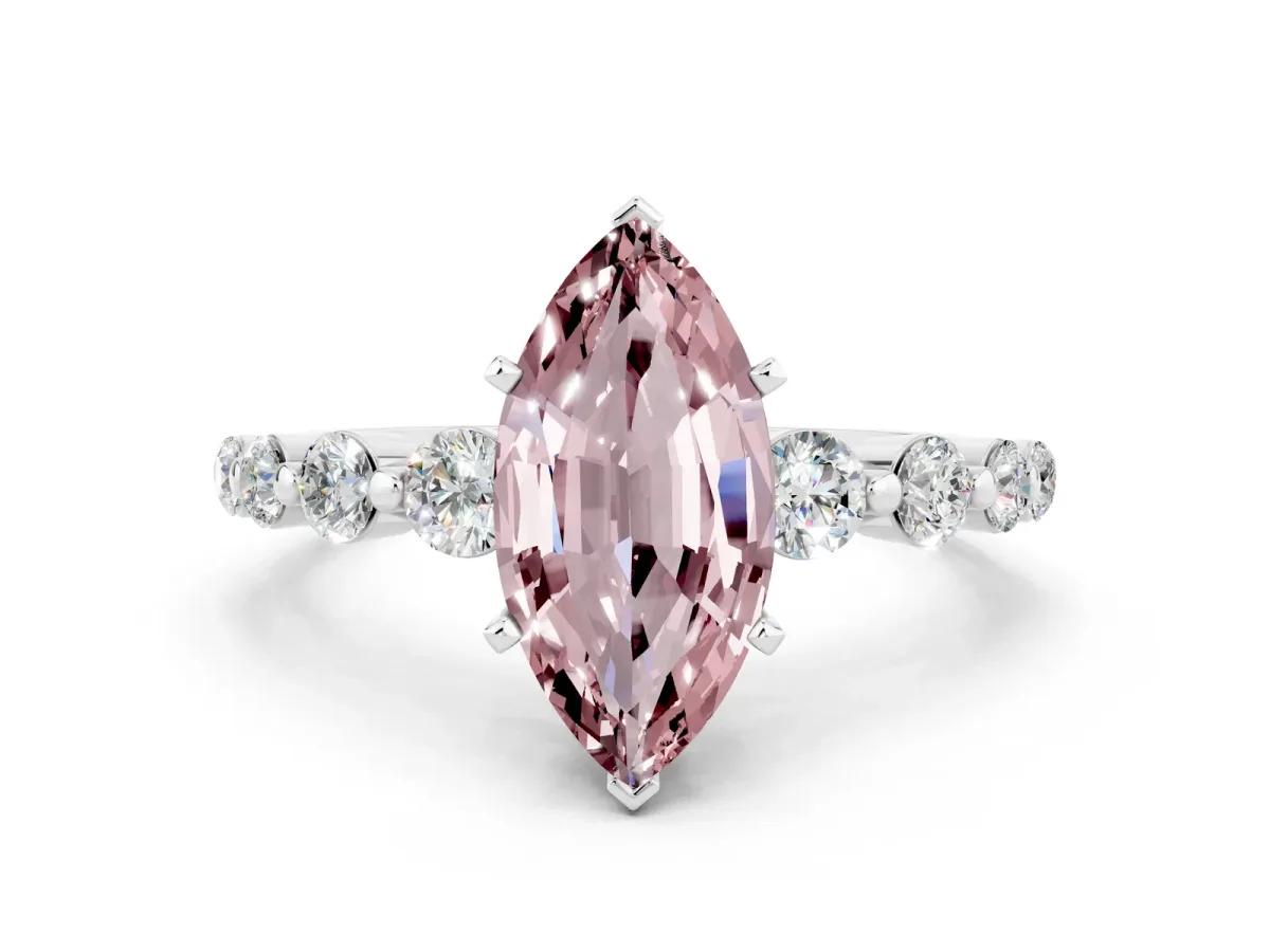 Marquise Cut Solitaire Morganite Ring with Pave Band and Four-Prong Setting Silver