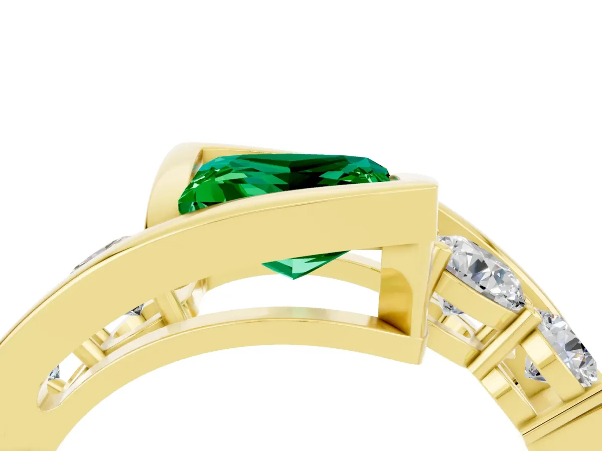 Bezel Set Princess Cut Emerald Bypass Ring with Round Accents Yellow gold