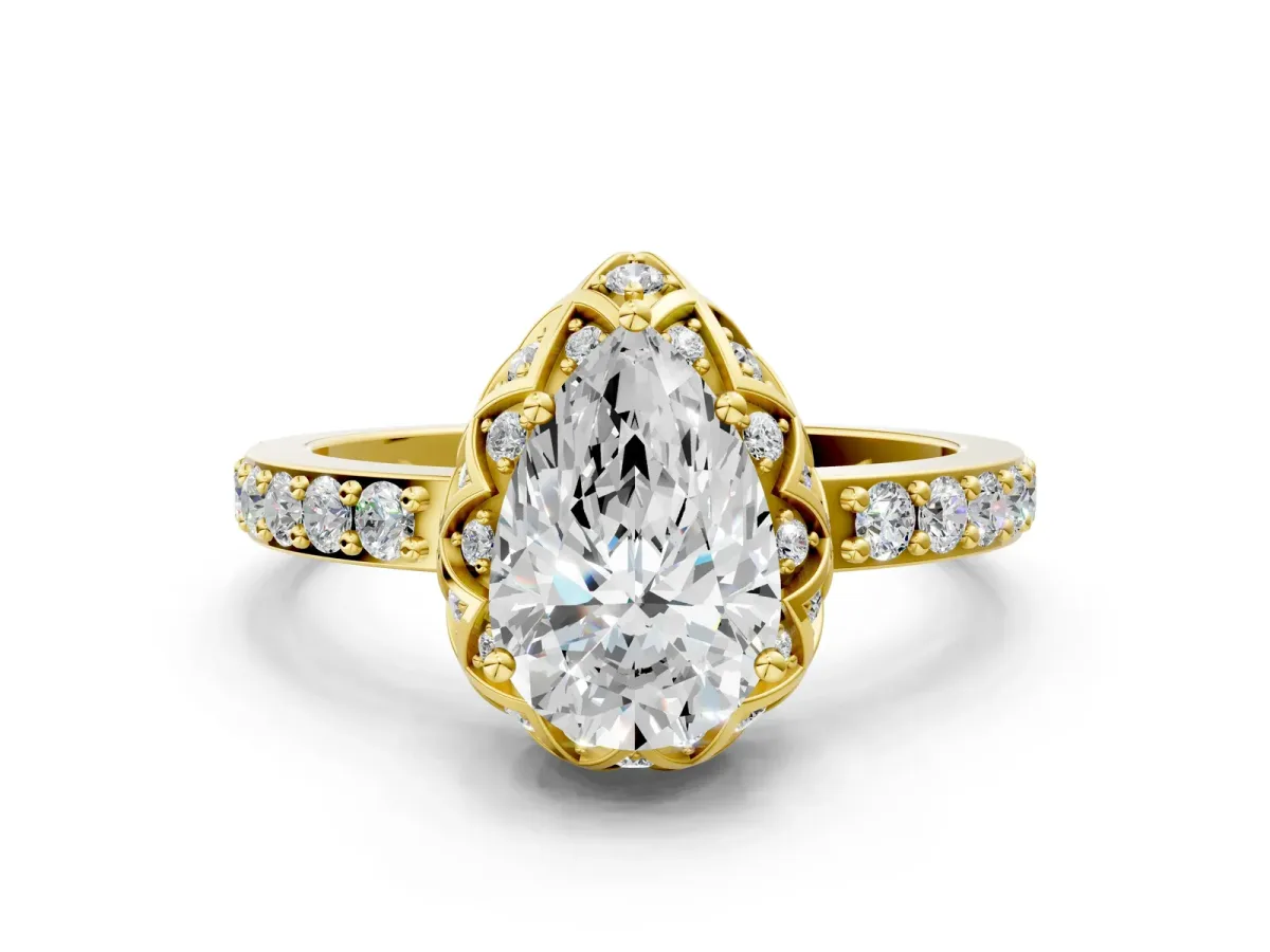 Pear Cut Diamond Scalloped Halo Engagement Ring with Round Shared Prong Band Yellow gold