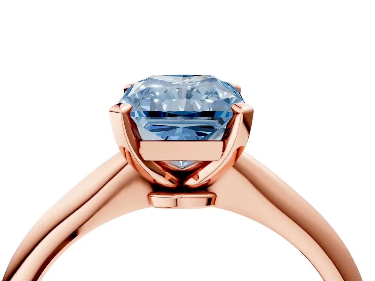 Fancy Blue Radiant Cut Diamond Solitaire Engagement Ring with Classic Band and Four-Prong Setting Rose gold