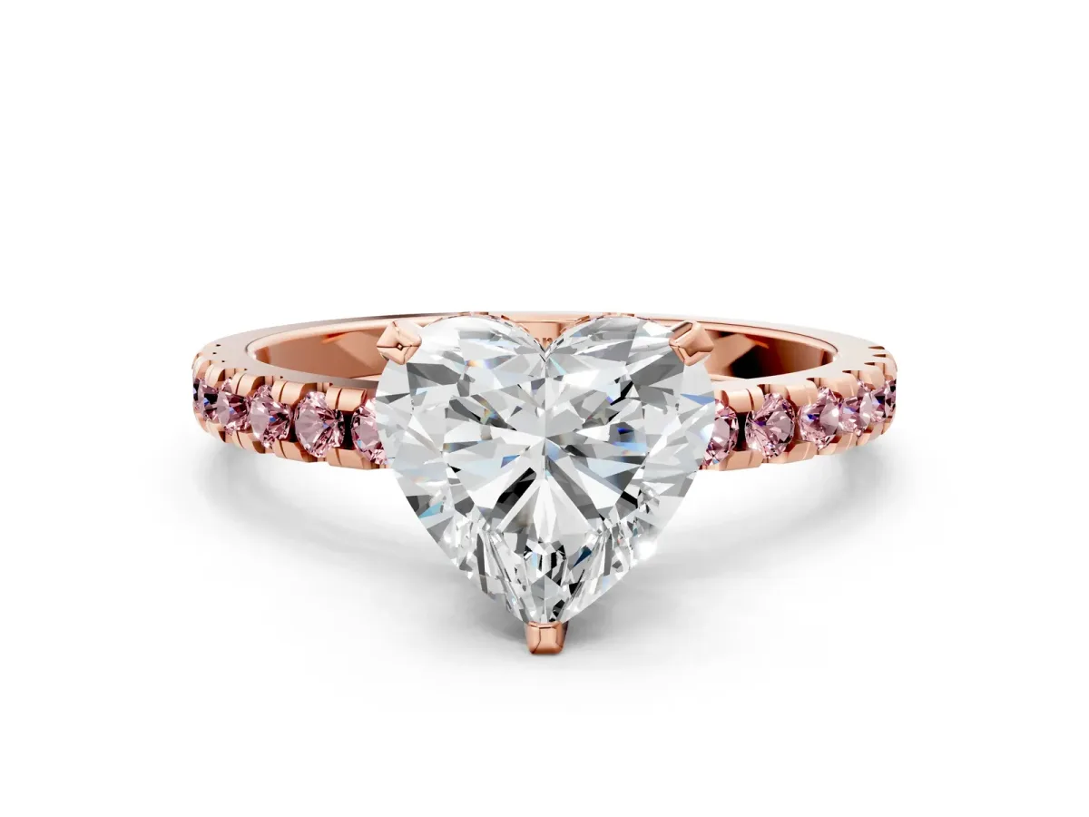 Heart Cut Diamond Solitaire Ring with Round Morganite Pavé Band and Four-Prong Setting Rose gold