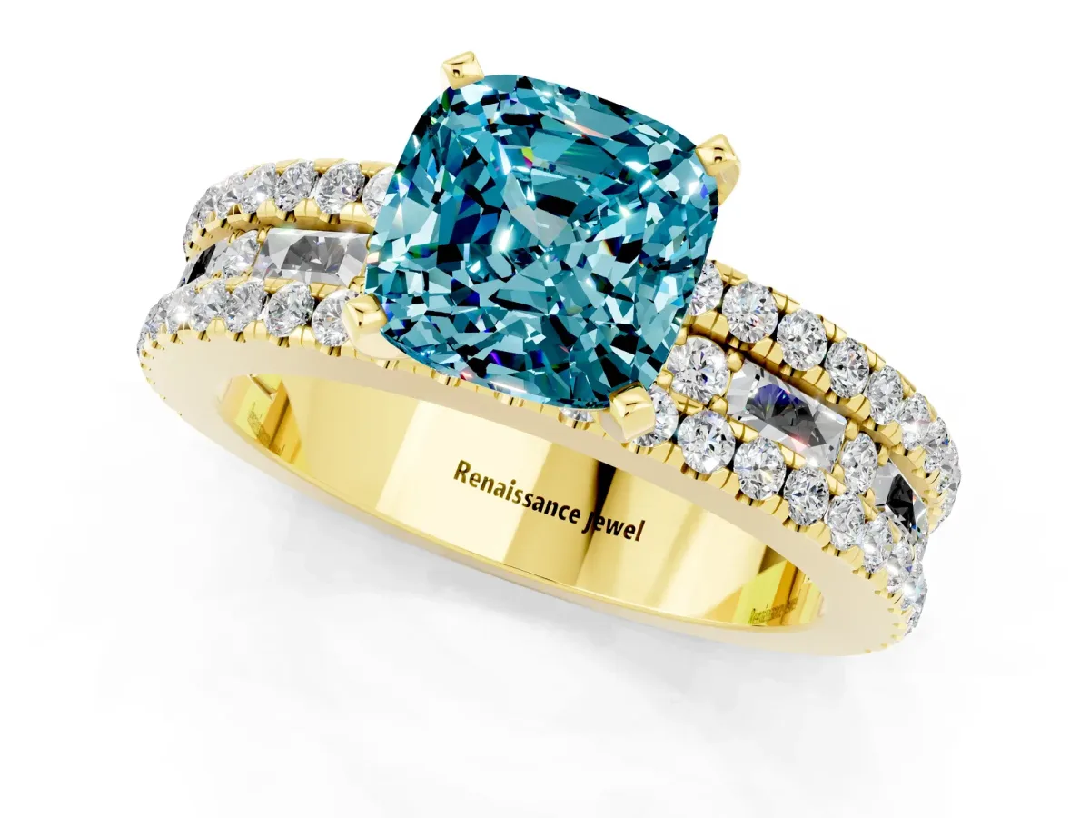Cushion Cut Blue Topaz Solitaire Ring with Pavé and Channel Set Band Yellow gold