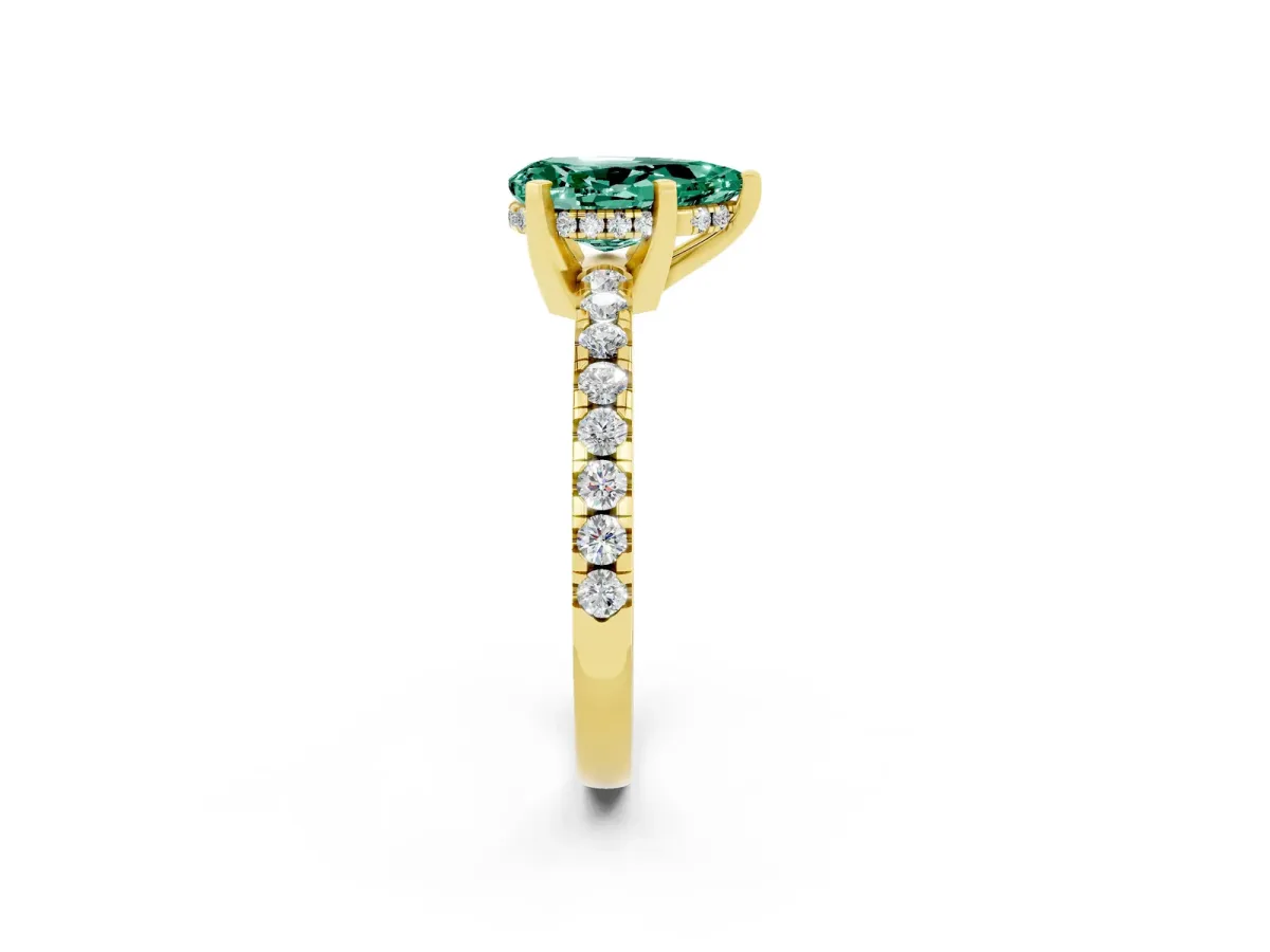 Pear Cut Green Sapphire Solitaire Ring with Round Pavé Band and Four-Prong Setting Yellow gold