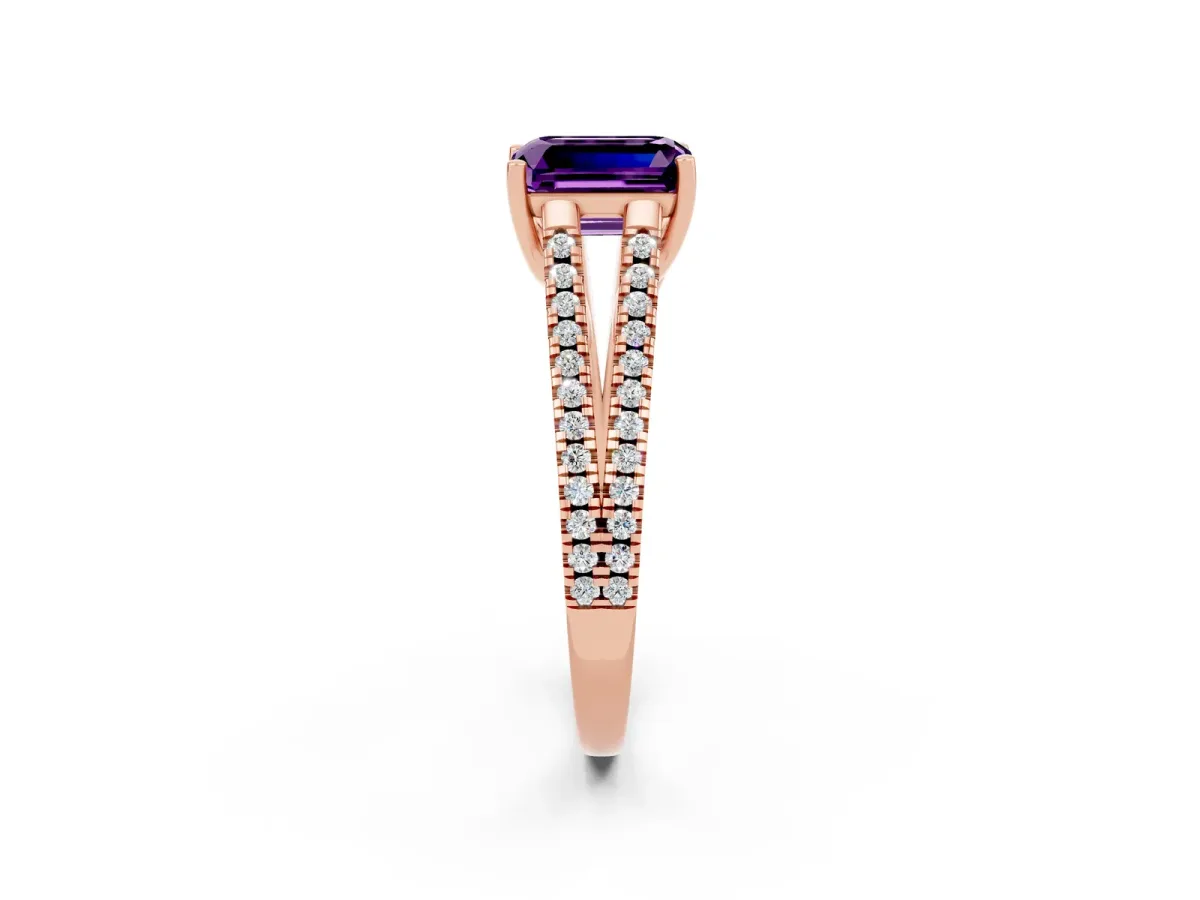 Emerald Cut Amethyst Solitaire Engagement Ring with Split Shank Pavé Band Rose gold