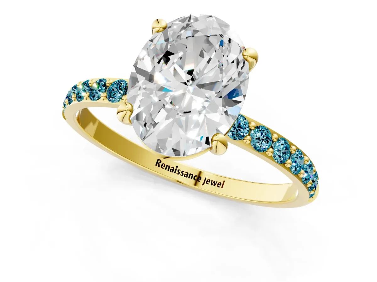 Oval Cut Diamond Solitaire Ring with Round Blue Topaz Pavé Band and Prong Setting Yellow gold