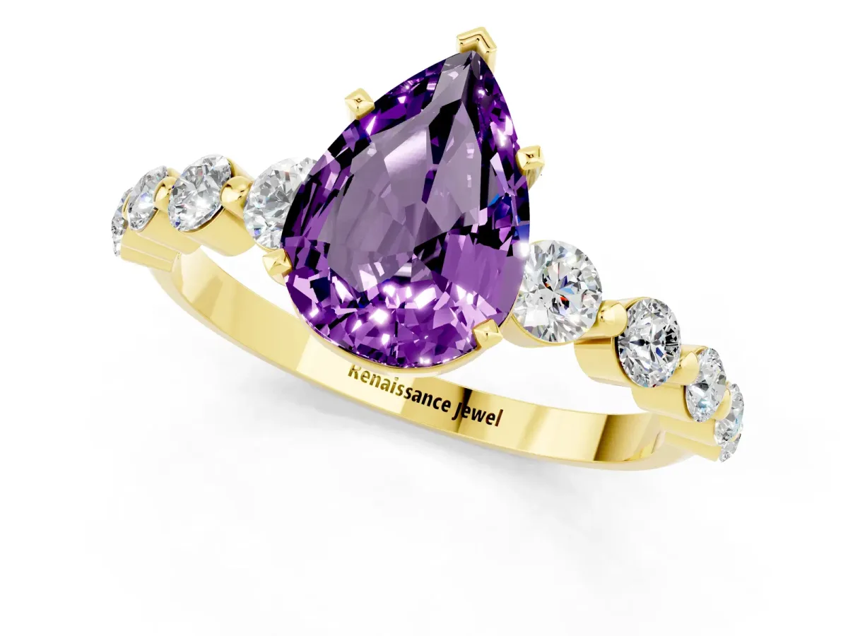 Pear Cut Solitaire Amethyst Ring with Pave Band and Four-Prong Setting Yellow gold