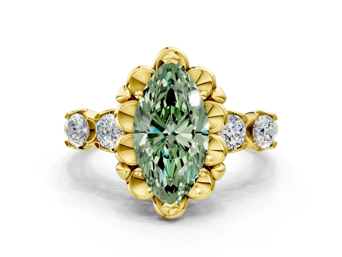Fancy Green Marquise Cut Cut Diamond Floral Halo Engagement Ring with Shared Prong Setting Yellow gold