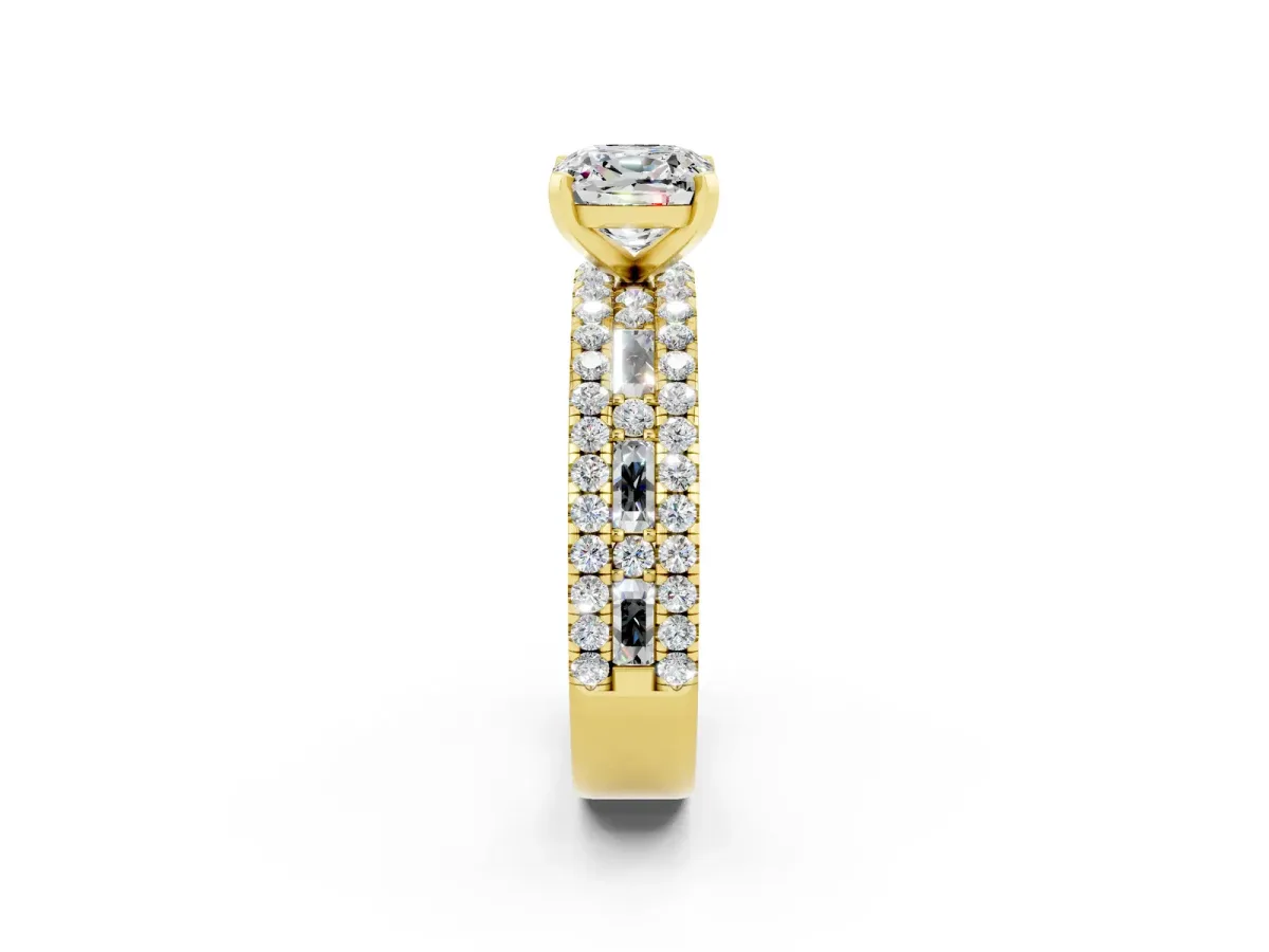 Cushion Cut Moissanite Solitaire Ring with Pavé and Channel Set Band Yellow gold